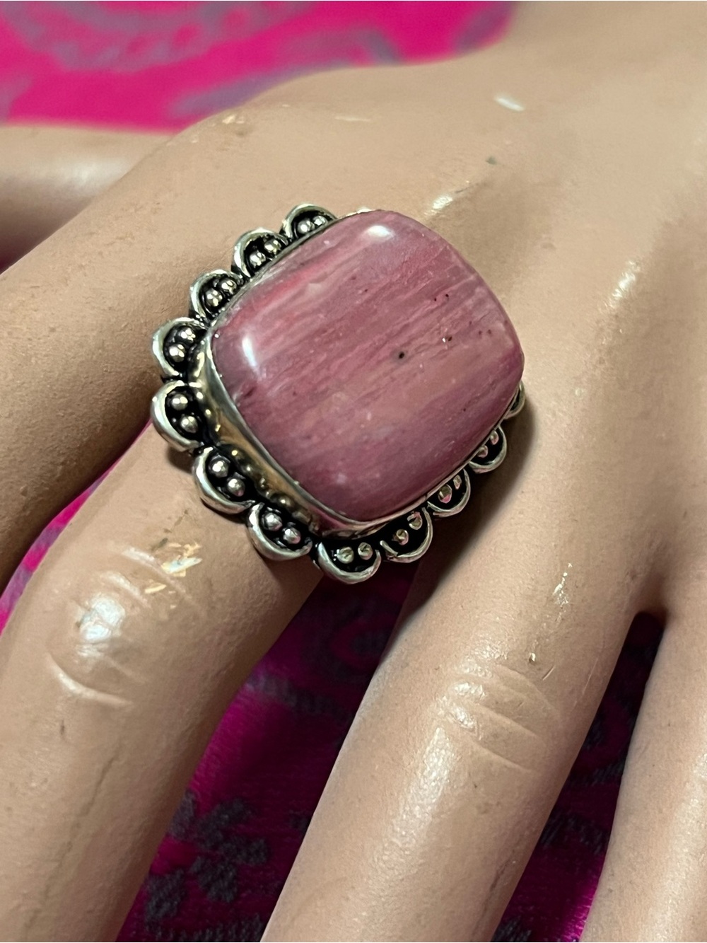 Silver Plated Rhodochrosite Pink Statement Ring